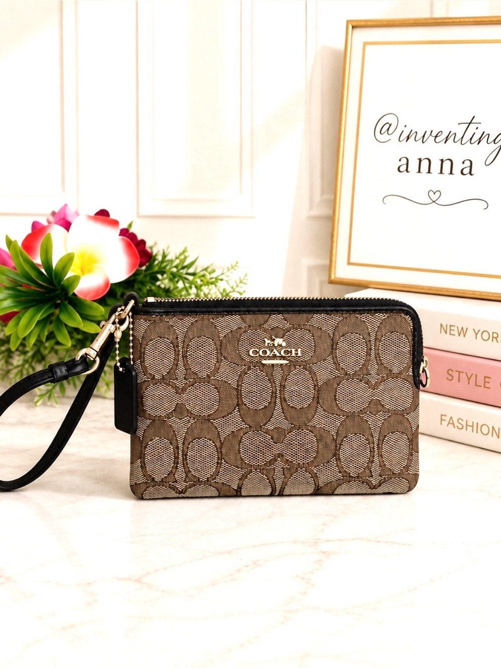 COACH Signature Brown and Cream w/Black Leather Wristlet Strap and Hangtag